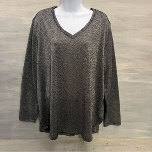 Faded Glory Metallic Silver Black Vneck Hi/Lo Knit Top Size 2XL Good Condition